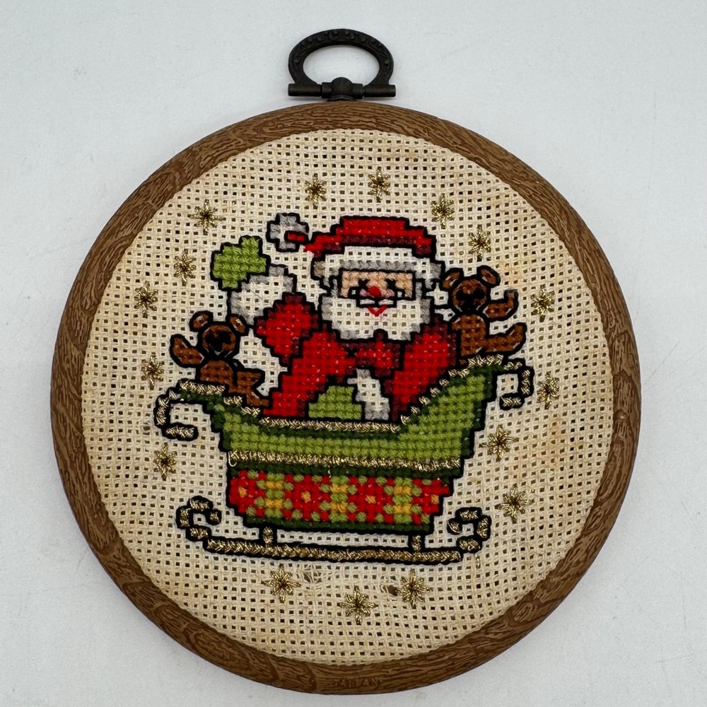 Vintage 80s Counted Cross Stitch Santa in Sleigh Wall Hoop Plaque Ornament 4.75"